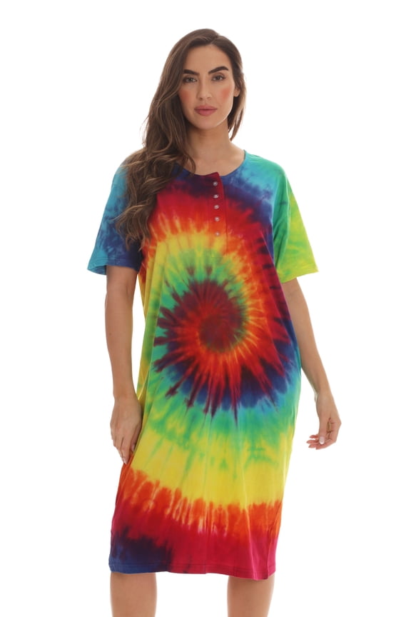 Short Sleeve Nightgown / Night Shirts Sleep Dress for Women (Tie Dye Bright Swirl, Small)