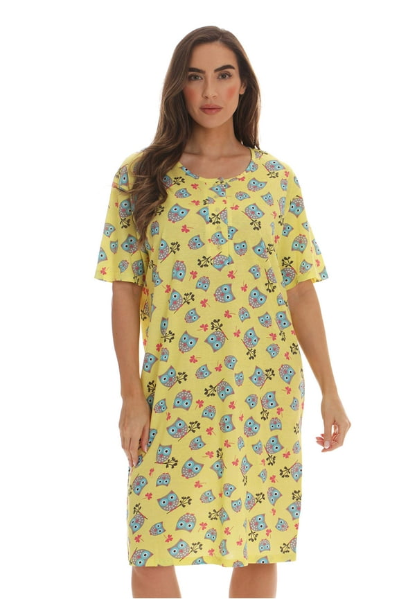 Short Sleeve Nightgown / Night Shirts Sleep Dress for Women (Yellow - Cute Owl, Medium)