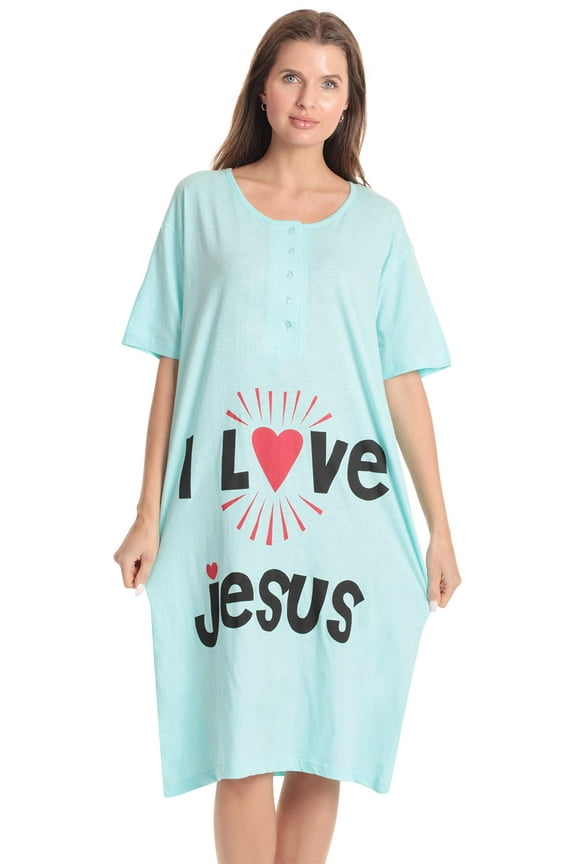 Short Sleeve Nightgown Oversized Screen Print Sleep Dress for Women (Aqua - I Love Jesus, X-Large)