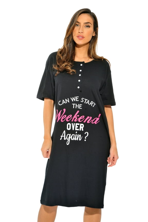 Short Sleeve Nightgown Oversized Screen Print Sleep Dress for Women (Black - Can We Start Over?, 3X)