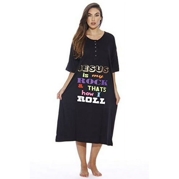 Just Love Short Sleeve Nightgown Oversized Screen Print Sleep Dress for Women (Black - Jesus is my Rock, 2X)