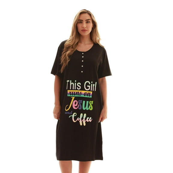 Just Love Short Sleeve Nightgown Oversized Screen Print Sleep Dress for Women (Black - Runs on Jesus and Coffee, Large)
