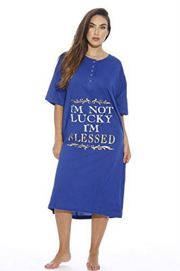 Short Sleeve Nightgown Oversized Screen Print Sleep Dress for Women (Blue - Blessed, 3X)
