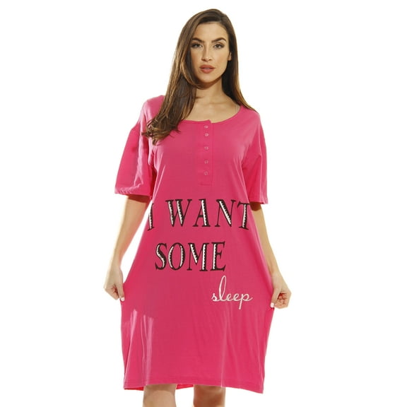 Just Love Short Sleeve Nightgown Oversized Screen Print Sleep Dress for Women (Fuchsia - I Want Some Sleep, 1X)