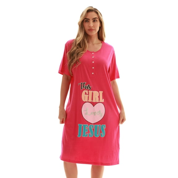 Just Love Short Sleeve Nightgown Oversized Screen Print Sleep Dress for Women (Fuchsia - This Girl Loves Jesus, 3X)