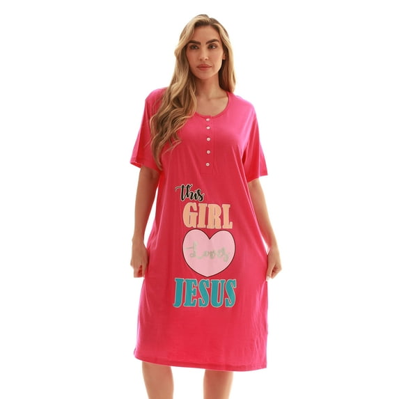 Just Love Short Sleeve Nightgown Oversized Screen Print Sleep Dress for Women (Fuchsia - This Girl Loves Jesus, 3X)