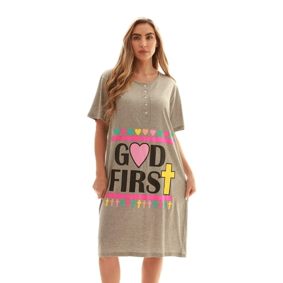 Just Love Short Sleeve Nightgown Oversized Screen Print Sleep Dress for Women (Grey - God First, Large)