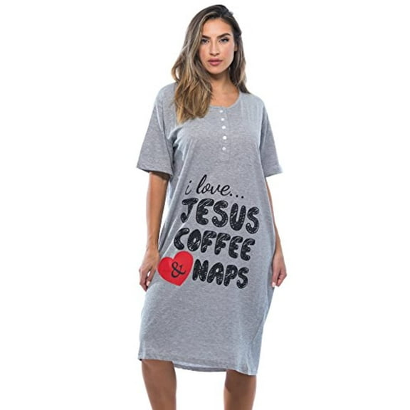 Just Love Short Sleeve Nightgown Oversized Screen Print Sleep Dress for Women (Grey - Jesus Coffee Naps, 3X)