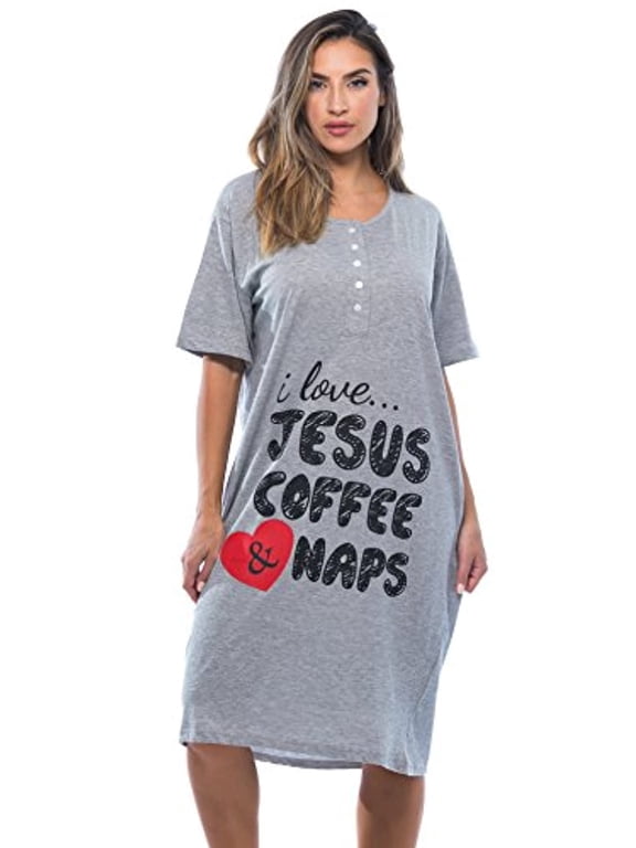 Short Sleeve Nightgown Oversized Screen Print Sleep Dress for Women (Grey - Jesus Coffee Naps, 3X)