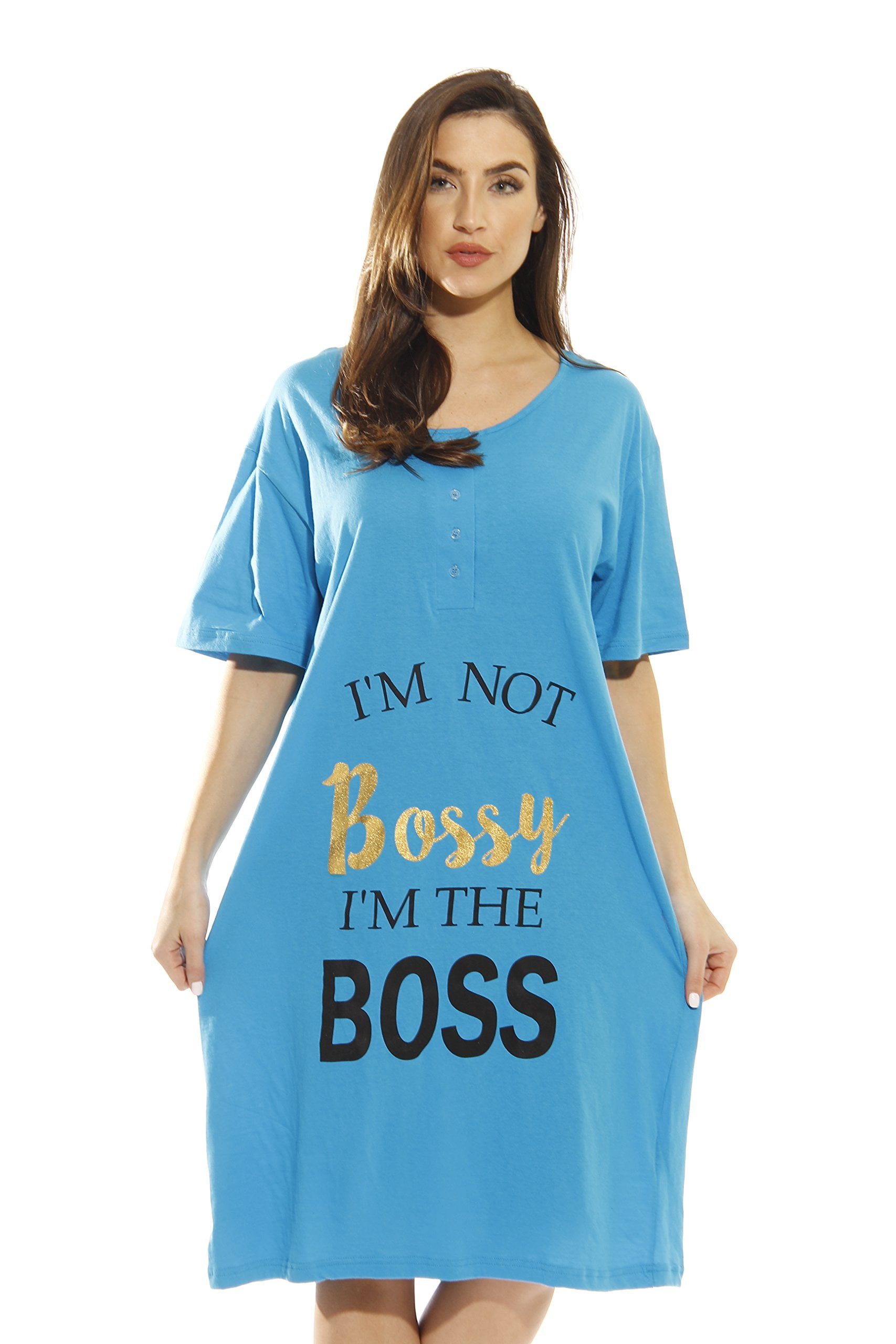 Just Love Short Sleeve Nightgown Oversized Screen Print Sleep Dress for Women (Turquoise - I'm The Boss, Large)