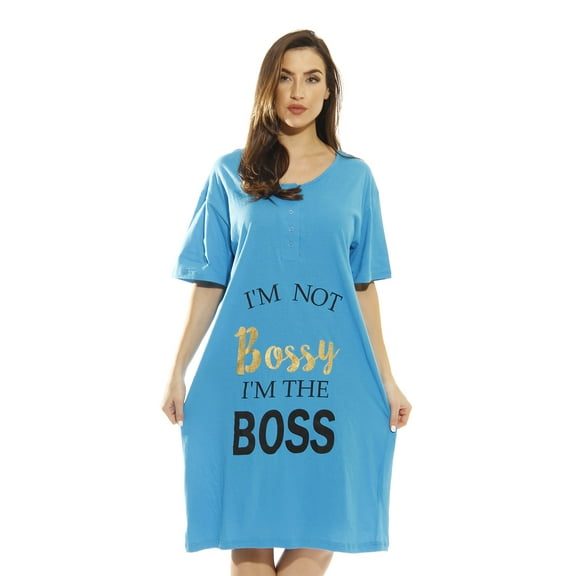 Just Love Short Sleeve Nightgown Oversized Screen Print Sleep Dress for Women (Turquoise - I'm The Boss, Large)