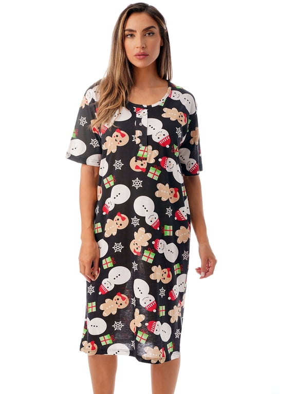 Short Sleeve Nightgown Sleep Dress for Women 4360-10018-GRY-1X (Black - Holiday Mixed, Large)