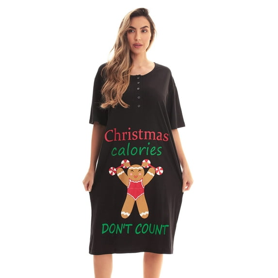 Just Love Short Sleeve Nightgown Sleep Dress for Women 4360-10018-GRY-1X (Black - Xmas Calories Don't Count, X-Large)