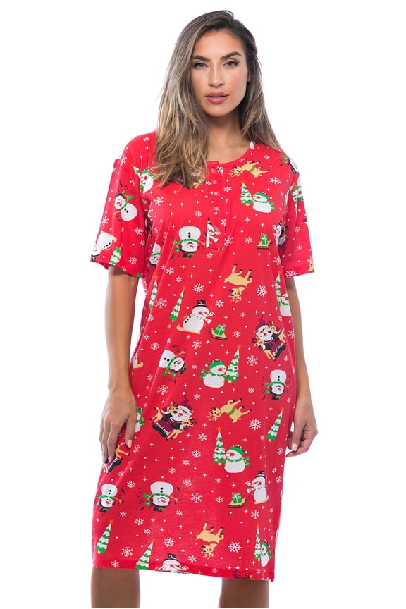 Short Sleeve Nightgown Sleep Dress for Women 4360-10018-GRY-1X (Red - Holiday Friends, 2X)