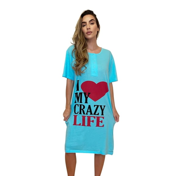 Just Love Short Sleeve Nightgown Sleep Dress for Women (Aqua - Crazy Life, Small)