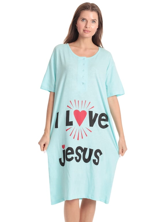 Short Sleeve Nightgown Sleep Dress for Women (Aqua - I Love Jesus, 3X Plus)