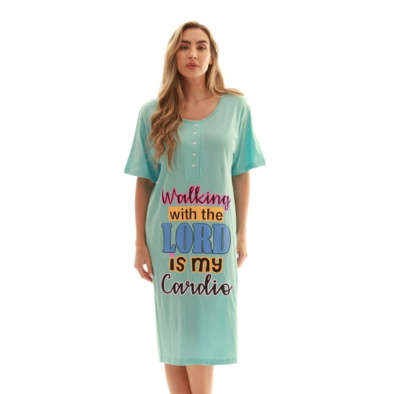 Just Love Short Sleeve Nightgown Sleep Dress for Women (Aqua - Walking With the Lord, Large)