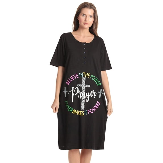 Just Love Short Sleeve Nightgown Sleep Dress for Women (Black - Believe in the Power, 3X)