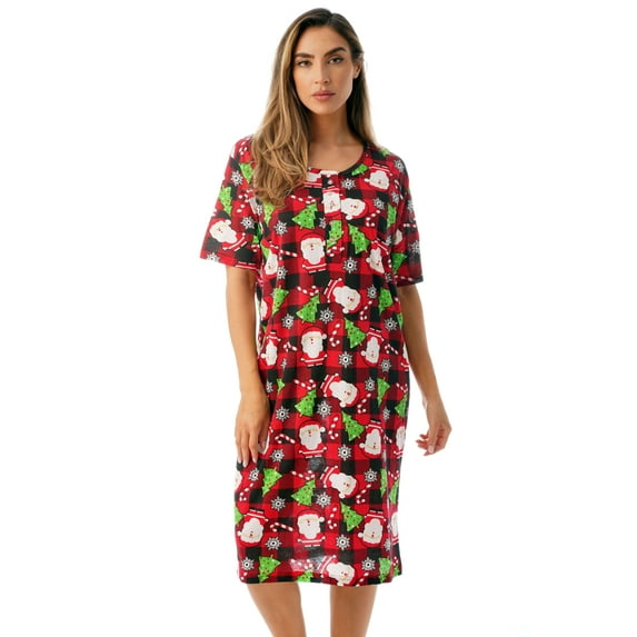 Just Love Short Sleeve Nightgown Sleep Dress for Women (Black - Buffalo Plaid Christmas, 1X)
