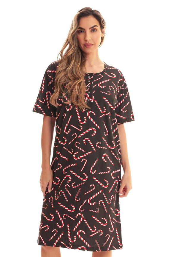 Short Sleeve Nightgown Sleep Dress for Women (Black - Candy Cane, 2X)