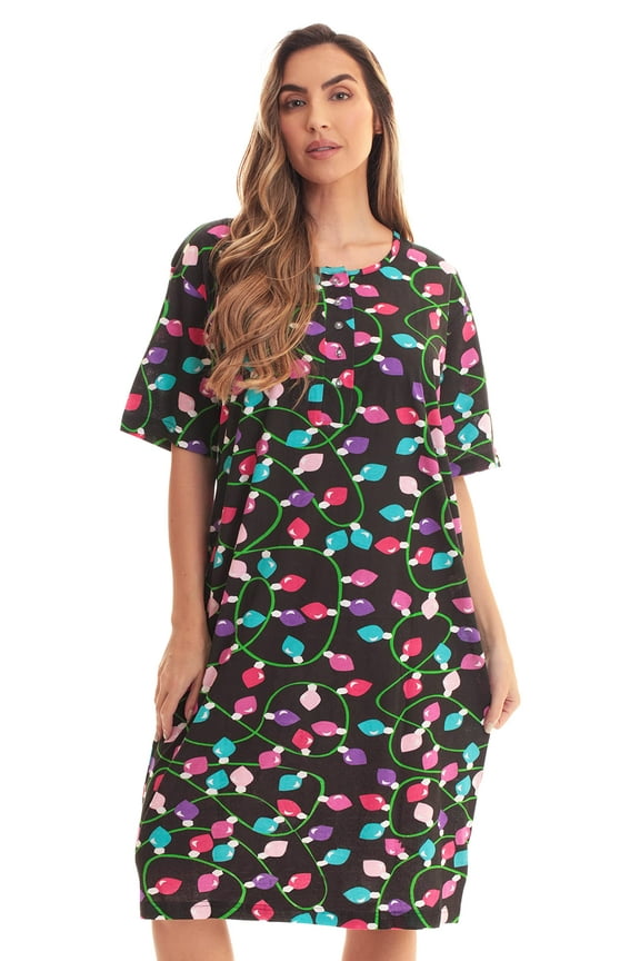 Short Sleeve Nightgown Sleep Dress for Women (Black - Christmas Lights, 3X)