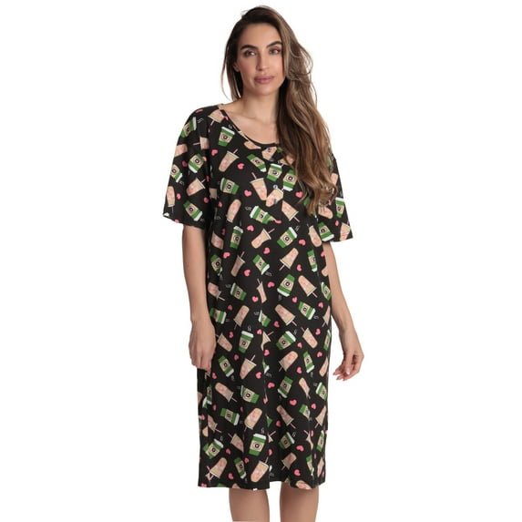 Just Love Short Sleeve Nightgown Sleep Dress for Women (Black - Coffee Craze, 3X)