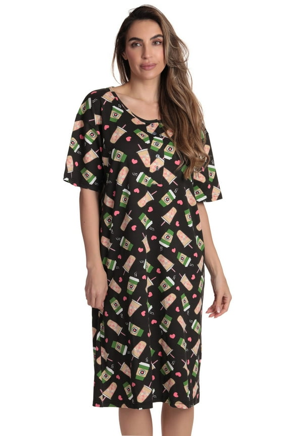 Short Sleeve Nightgown Sleep Dress for Women (Black - Coffee Craze, Small)