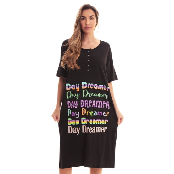 Just Love Short Sleeve Nightgown Sleep Dress for Women (Black - Day Dreamer, 1X)
