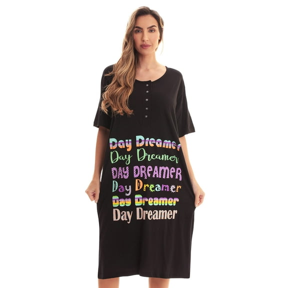 Just Love Short Sleeve Nightgown Sleep Dress for Women (Black - Day Dreamer, 3X)