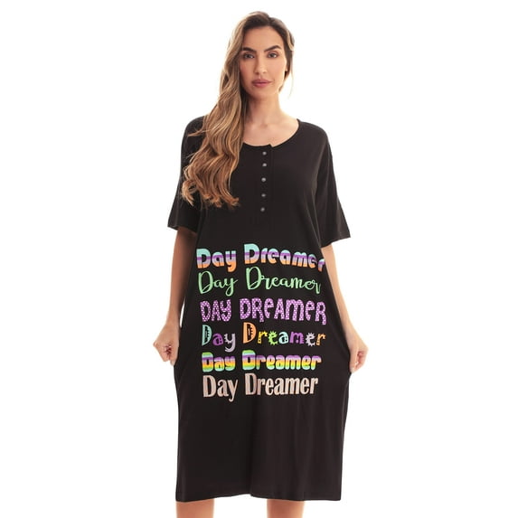 Just Love Short Sleeve Nightgown Sleep Dress for Women (Black - Day Dreamer, Small)