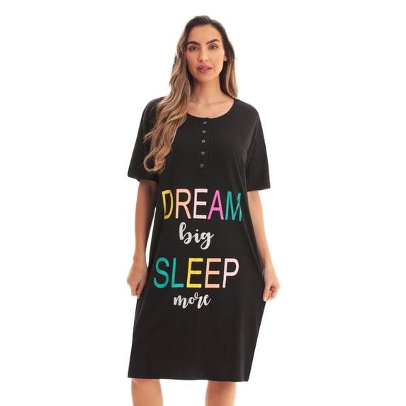 Just Love Short Sleeve Nightgown Sleep Dress for Women (Black - Dream Big Sleep More, 3X)