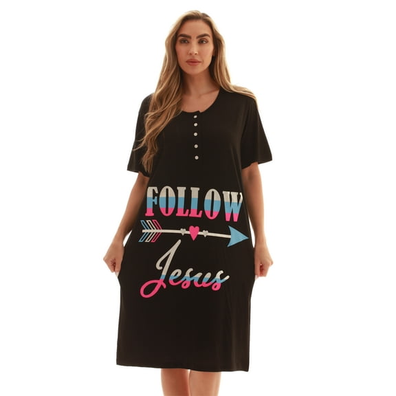 Just Love Short Sleeve Nightgown Sleep Dress for Women (Black - Follow Jesus, 3X Plus)