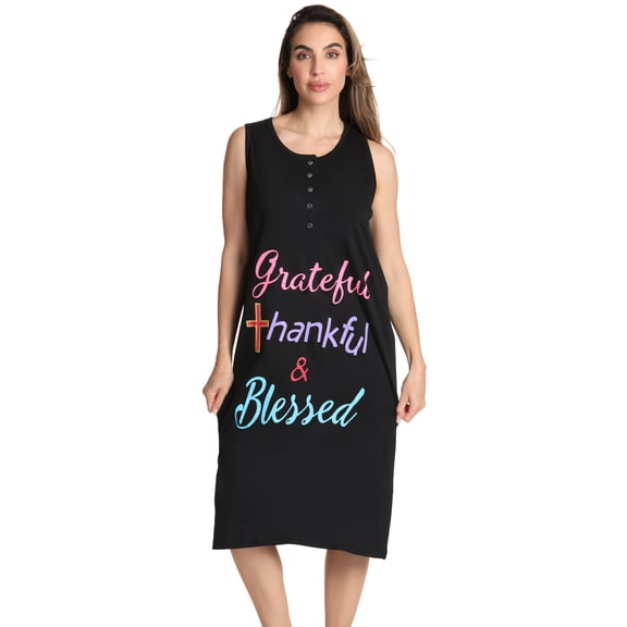 Just Love Short Sleeve Nightgown Sleep Dress for Women (Black - Grateful Thankful, Small)