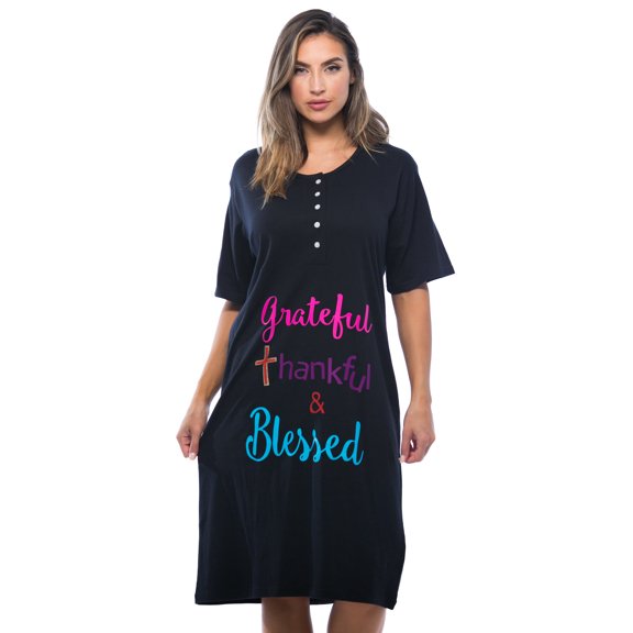 Just Love Short Sleeve Nightgown Sleep Dress for Women (Black - Greatful, Large)