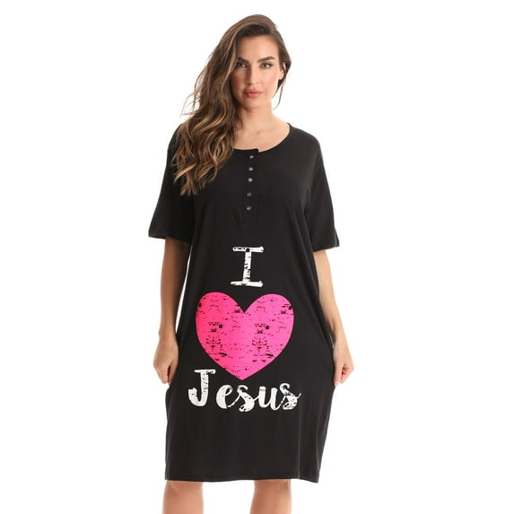 Just Love Short Sleeve Nightgown Sleep Dress for Women (Black - I Love Jesus, 3X Plus)
