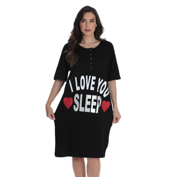 Just Love Short Sleeve Nightgown Sleep Dress for Women (Black - I Love You Sleep, Large)