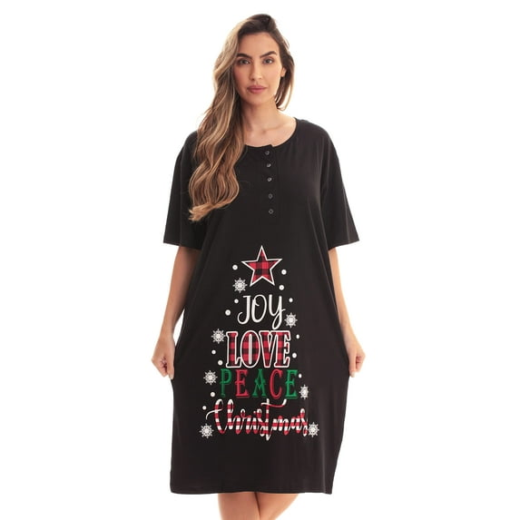 Just Love Short Sleeve Nightgown Sleep Dress for Women (Black - Joy Love Peace Xmas, 2X Plus)