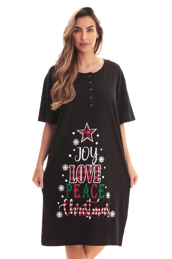 Short Sleeve Nightgown Sleep Dress for Women (Black - Joy Love Peace Xmas, 3X)