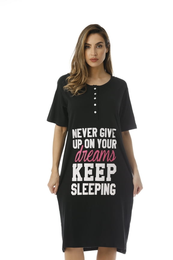 Short Sleeve Nightgown Sleep Dress for Women (Black - Keep Sleeping, 3X)