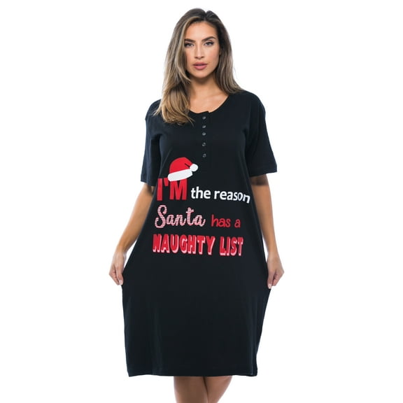 Just Love Short Sleeve Nightgown Sleep Dress for Women (Black - Naughty List, X-Large)