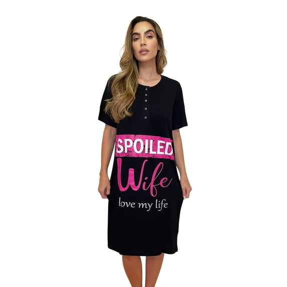 Just Love Short Sleeve Nightgown Sleep Dress for Women (Black - Spoiled Wife, Large)
