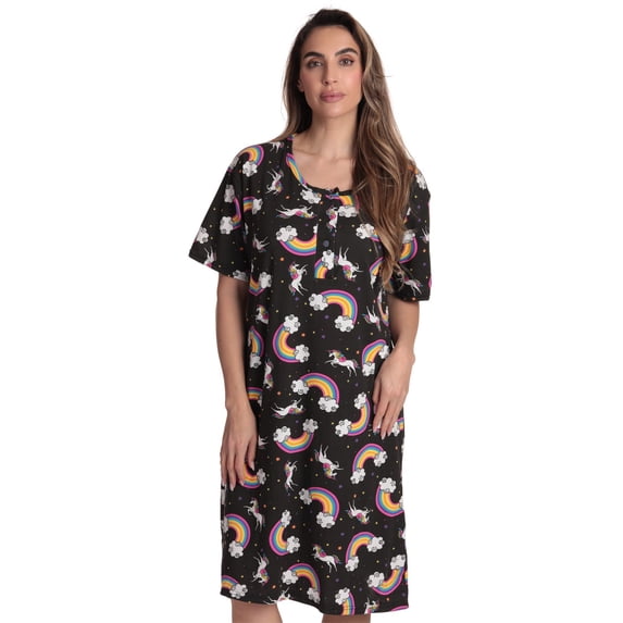 Just Love Short Sleeve Nightgown Sleep Dress for Women (Black - Unicorn Rainbow, Small)