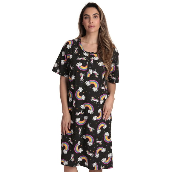 Just Love Short Sleeve Nightgown Sleep Dress for Women (Black - Unicorn Rainbow, X-Large)