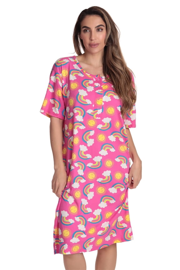 Short Sleeve Nightgown Sleep Dress for Women (Fuchsia - Sunny Rainbows, Medium)