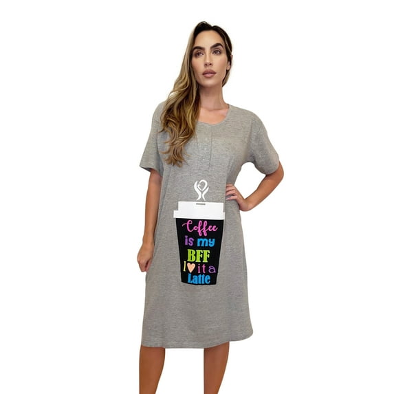 Just Love Short Sleeve Nightgown Sleep Dress for Women (Grey - Coffee BFF, Medium)