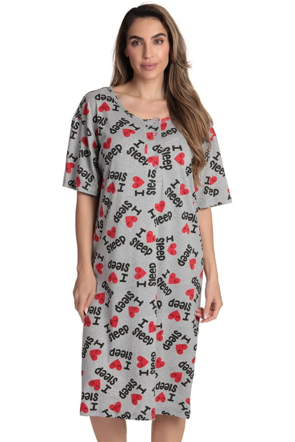 Short Sleeve Nightgown Sleep Dress for Women (Grey - I Heart Sleep, Large)