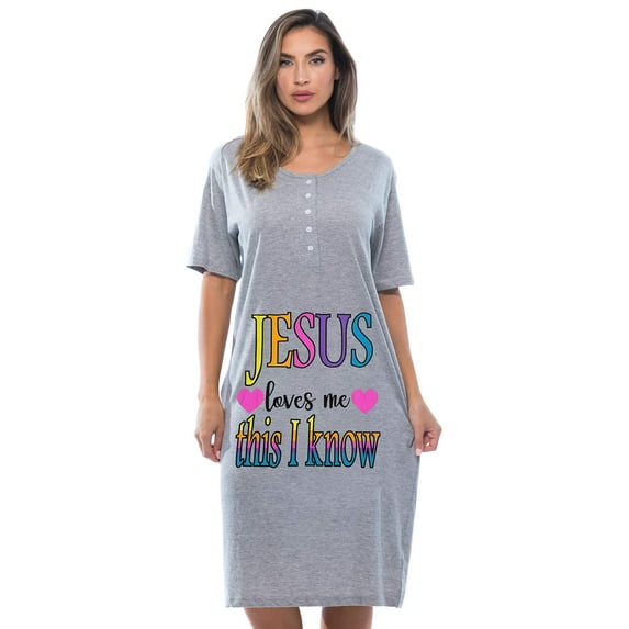 Just Love Short Sleeve Nightgown Sleep Dress for Women (Grey - Jesus Loves Me, 2X)