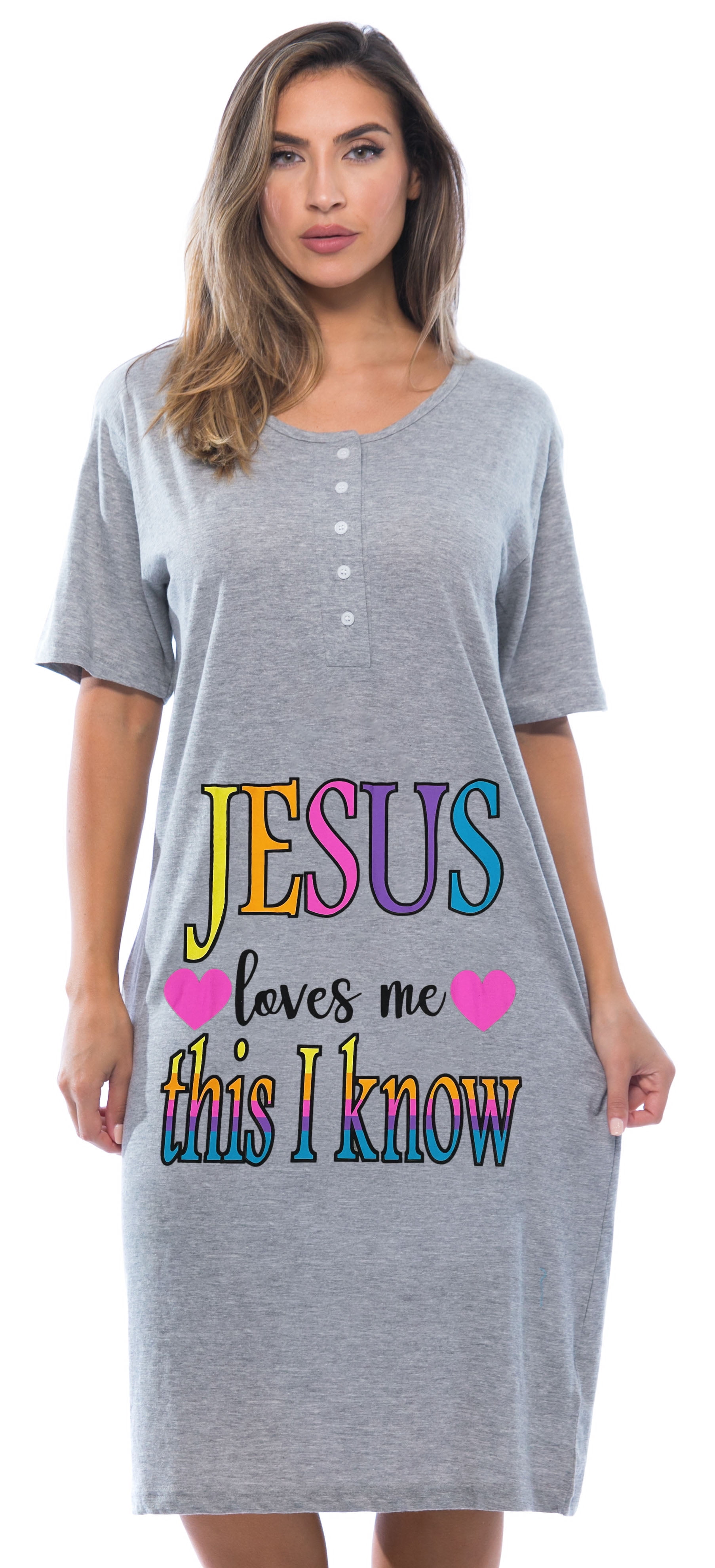 Just Love Short Sleeve Nightgown Sleep Dress for Women (Grey - Jesus Loves Me, 3X Plus)