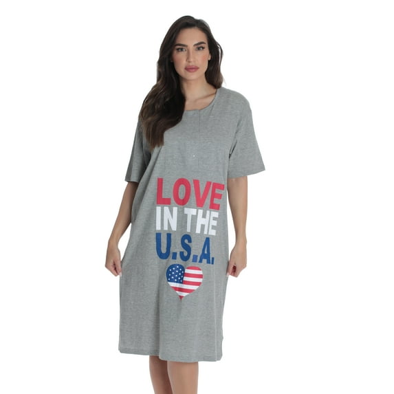 Just Love Short Sleeve Nightgown Sleep Dress for Women (Grey - Love In The USA, X-Large)