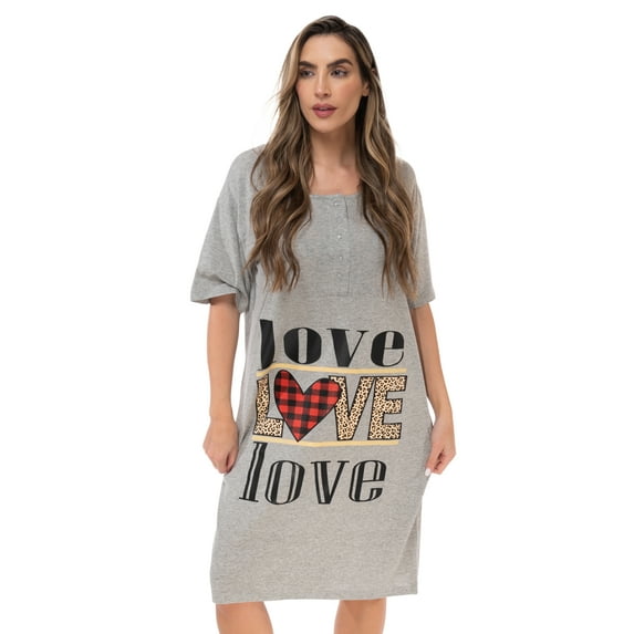 Just Love Short Sleeve Nightgown Sleep Dress for Women (Grey - Love Love Love, Medium)